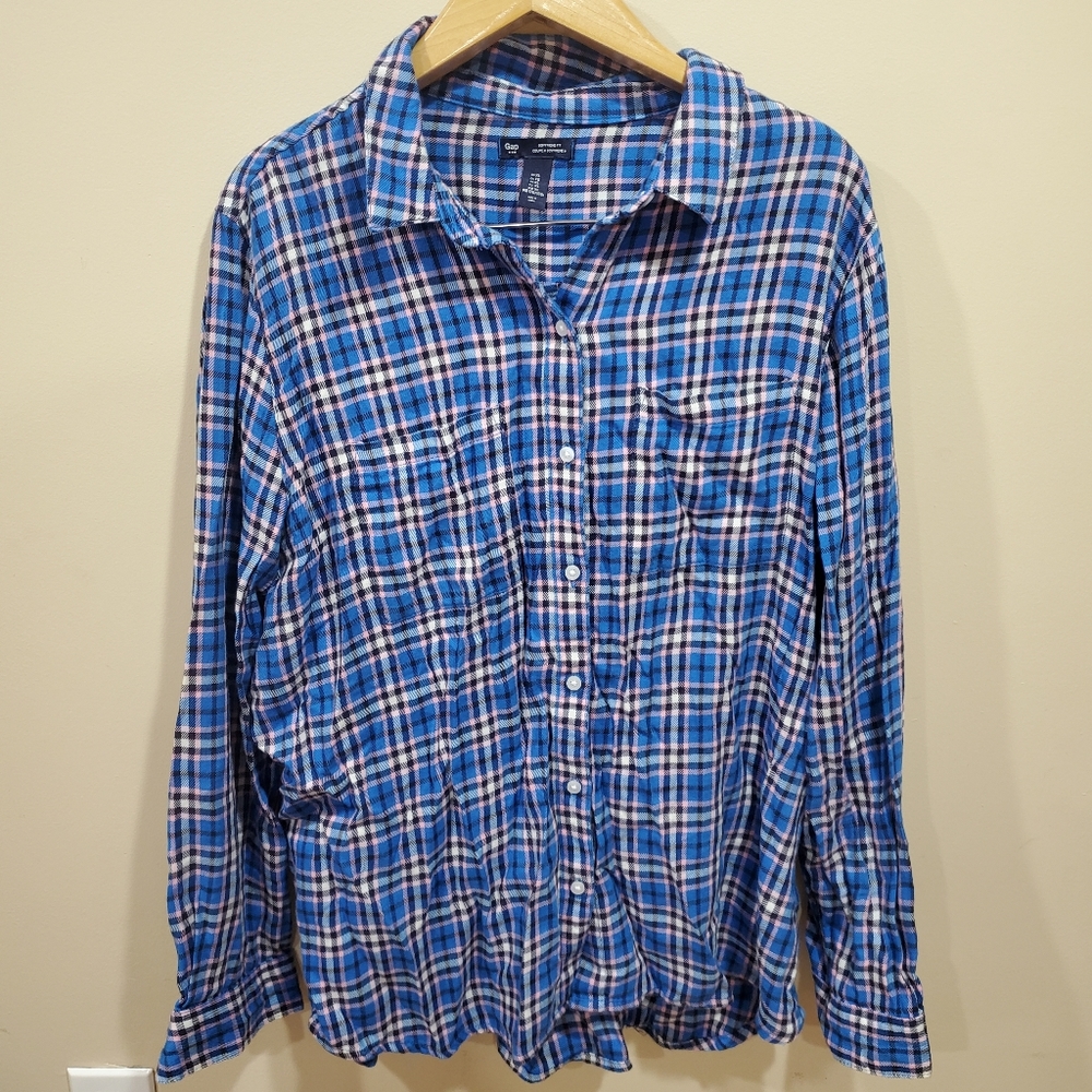 GAP Blue & Pink Boyfriend Flannel XL